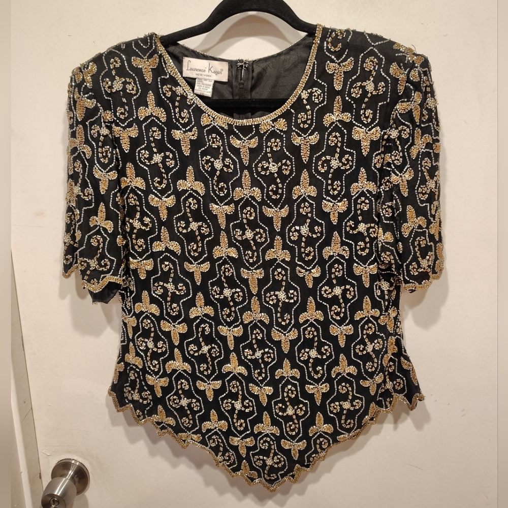 Laurence Kazar Vintage Silk Fully Beaded Top Sz XXL Formal Glam Holiday Party